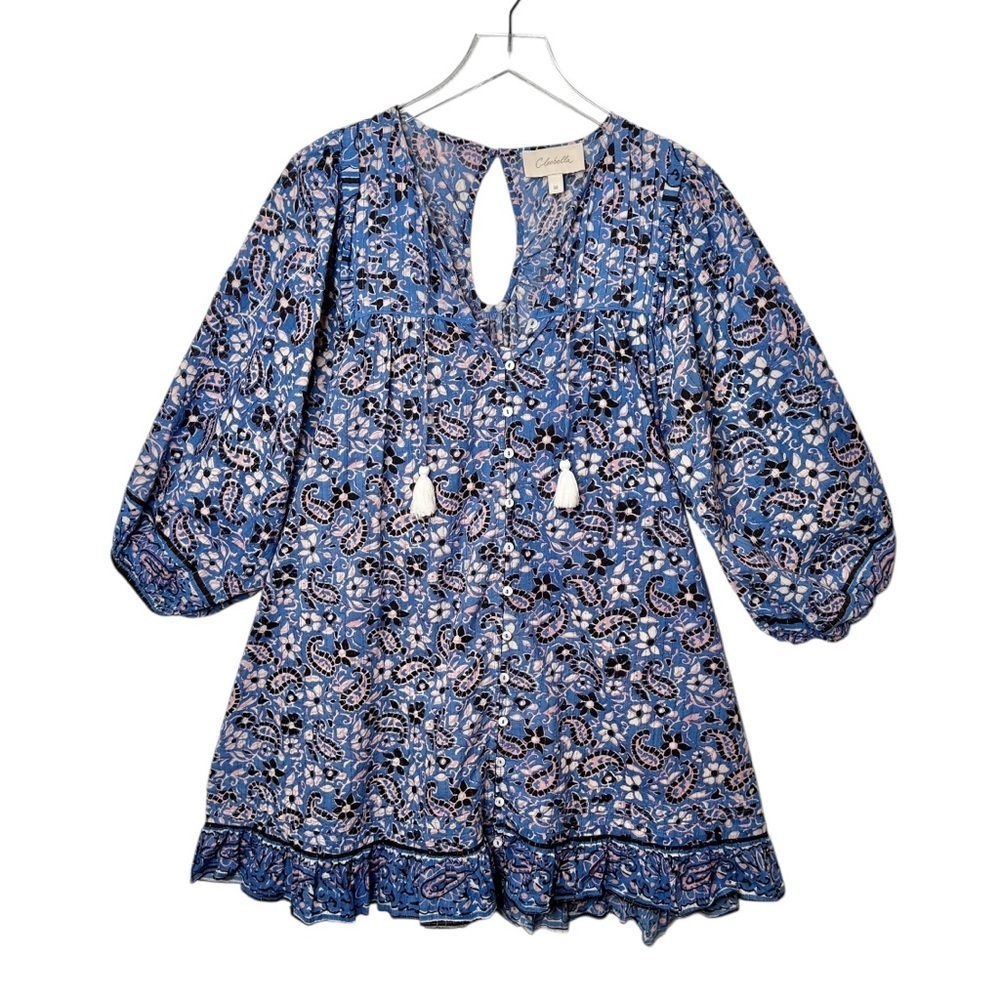 Cleobella Cora Cotton Blue Paisley Aline Full Women’s Bohemian Tassel Dress Sz M - Picture 2 of 12